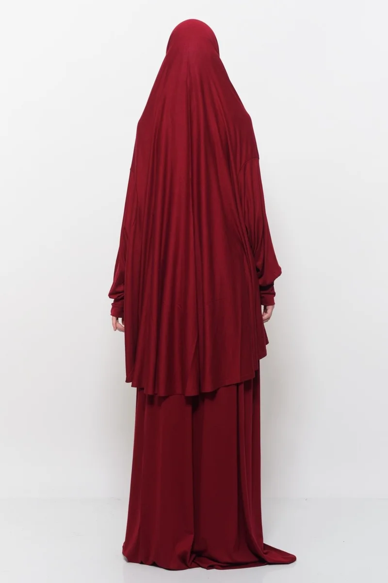 التوبة Practical Two Piece Cotton Bat Sleeves Organic Hijab Prayer Dress with Headscarf - Light Burgundy