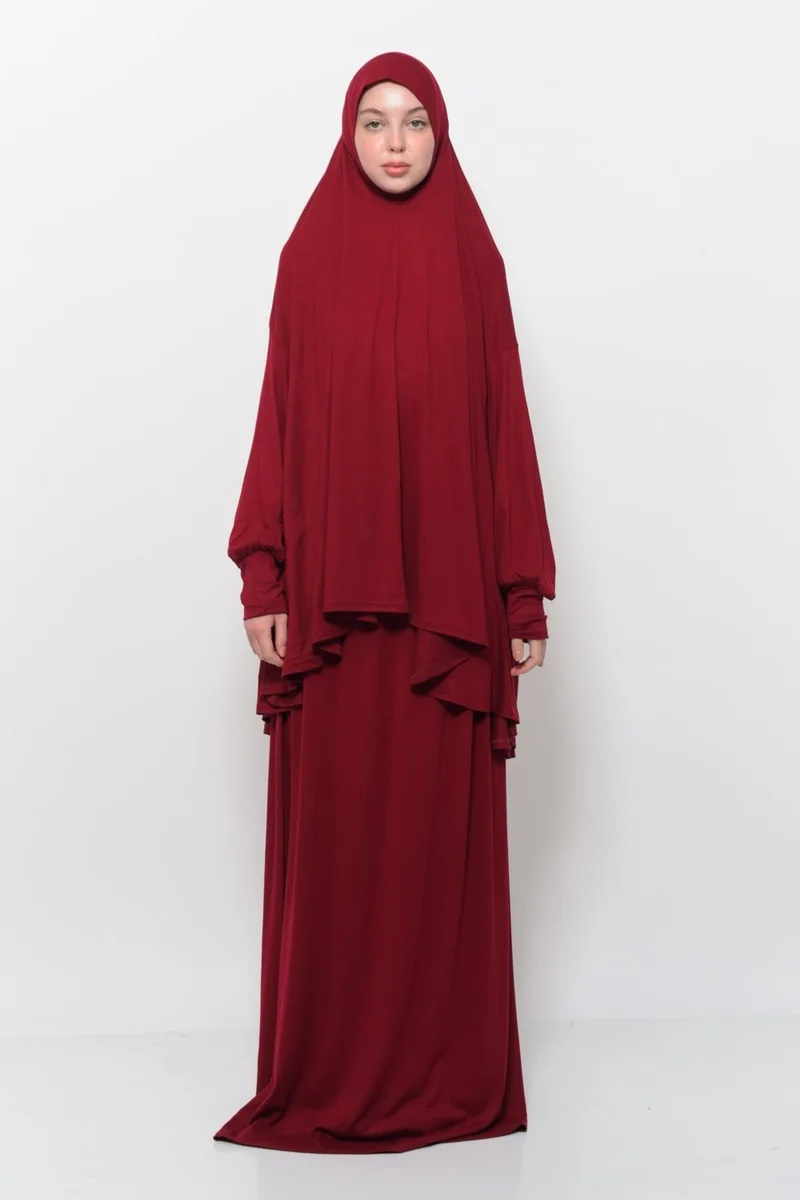 التوبة Practical Two Piece Cotton Bat Sleeves Organic Hijab Prayer Dress with Headscarf - Light Burgundy