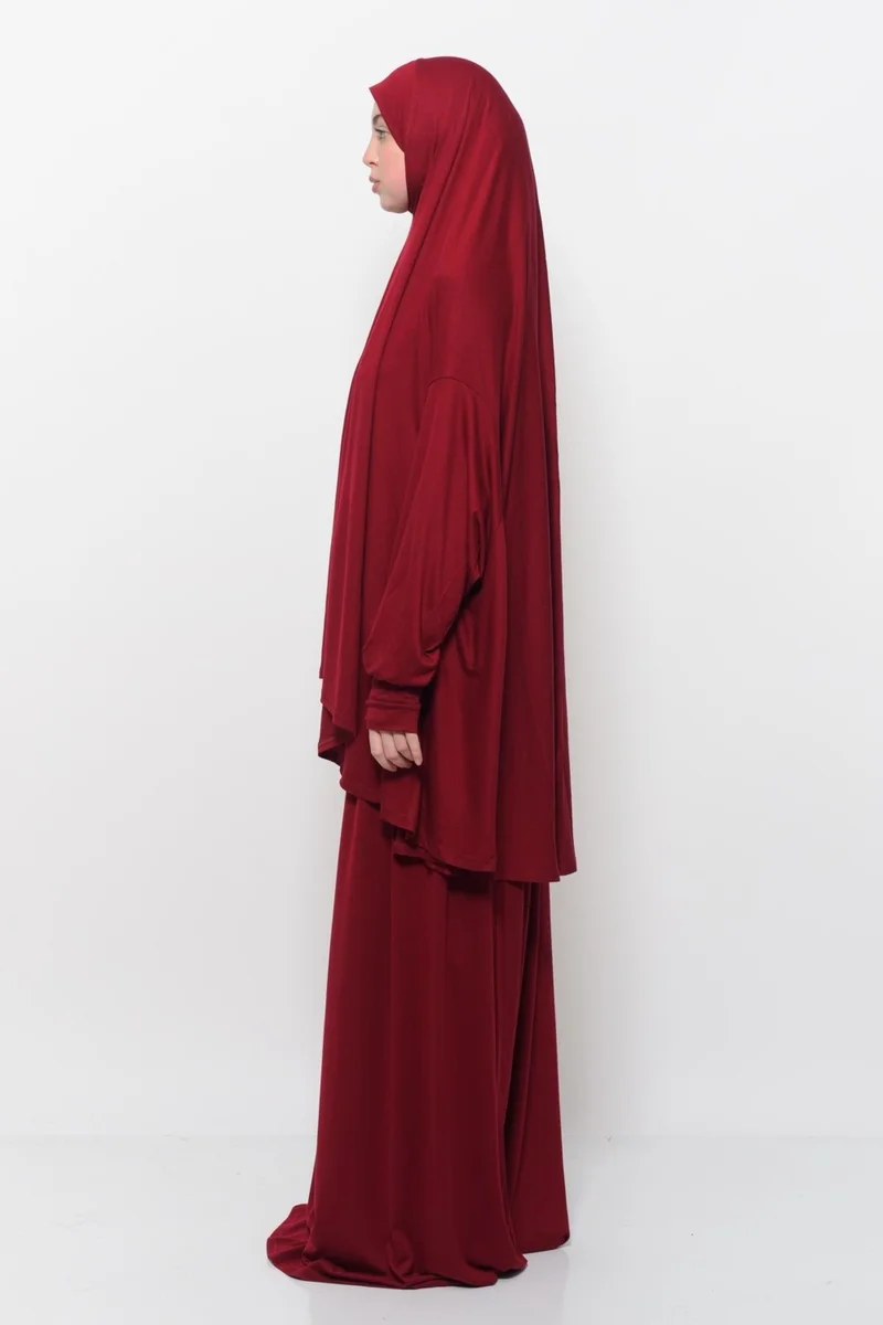 التوبة Practical Two Piece Cotton Bat Sleeves Organic Hijab Prayer Dress with Headscarf - Light Burgundy