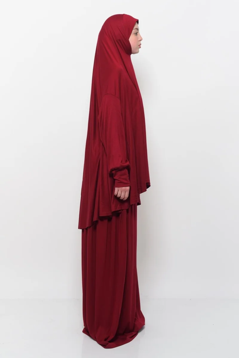التوبة Practical Two Piece Cotton Bat Sleeves Organic Hijab Prayer Dress with Headscarf - Light Burgundy