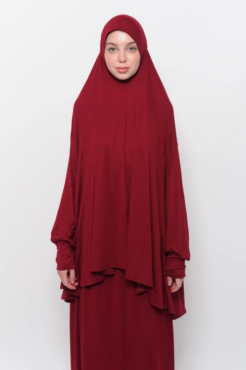 التوبة Practical Two Piece Cotton Bat Sleeves Organic Hijab Prayer Dress with Headscarf - Light Burgundy