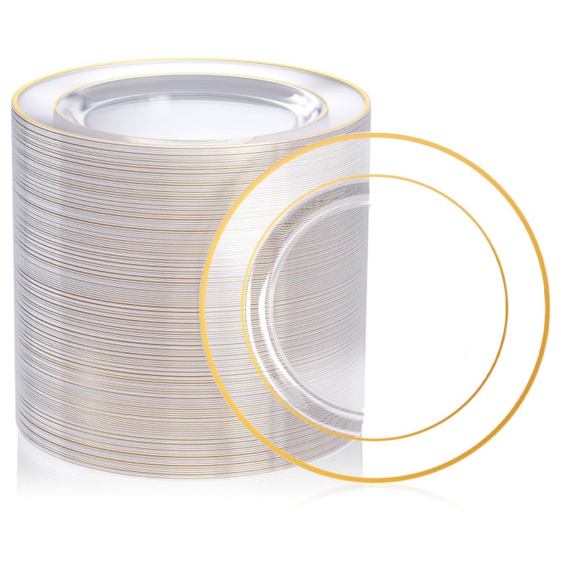 FOCUSLINE 7 Inch Small Clear Gold Plastic Plates 100 Count, Disposable Heavy Duty Clear Plates with Gold Rim, Premium Hard Plastic Plate Fancy Disposable Salad Plate for Wedding Parties - Image 1