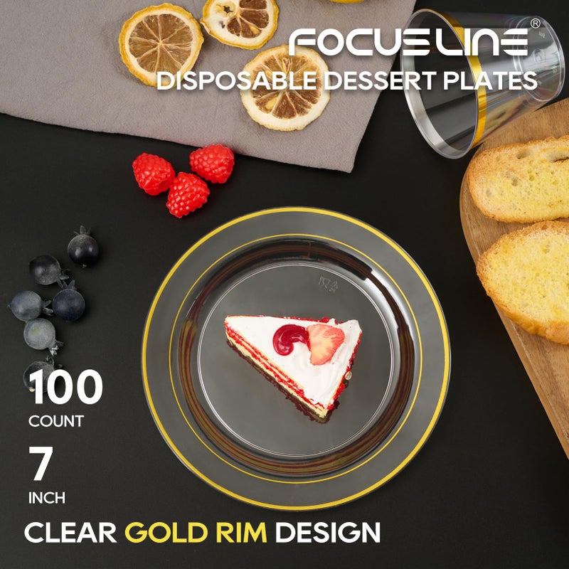 FOCUSLINE 7 Inch Small Clear Gold Plastic Plates 100 Count, Disposable Heavy Duty Clear Plates with Gold Rim, Premium Hard Plastic Plate Fancy Disposable Salad Plate for Wedding Parties - Image 2