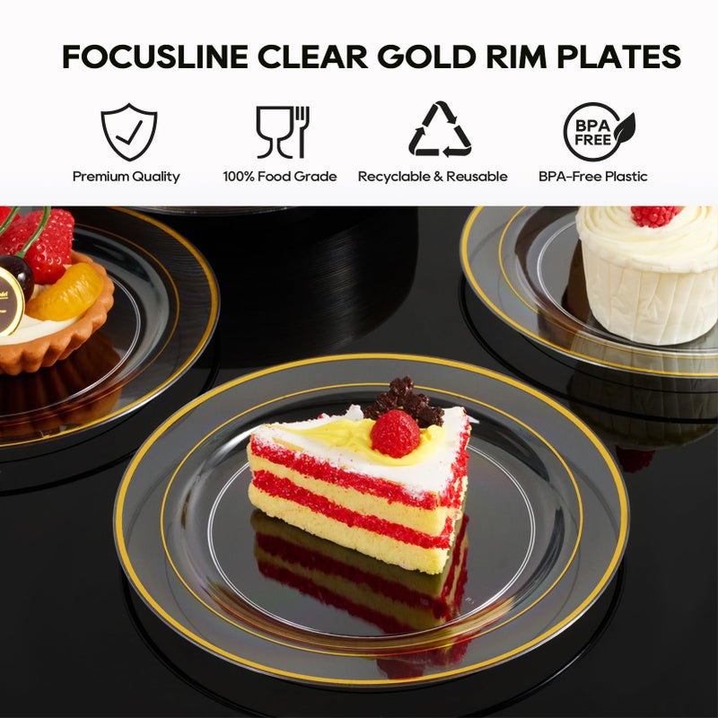 FOCUSLINE 7 Inch Small Clear Gold Plastic Plates 100 Count, Disposable Heavy Duty Clear Plates with Gold Rim, Premium Hard Plastic Plate Fancy Disposable Salad Plate for Wedding Parties - Image 4