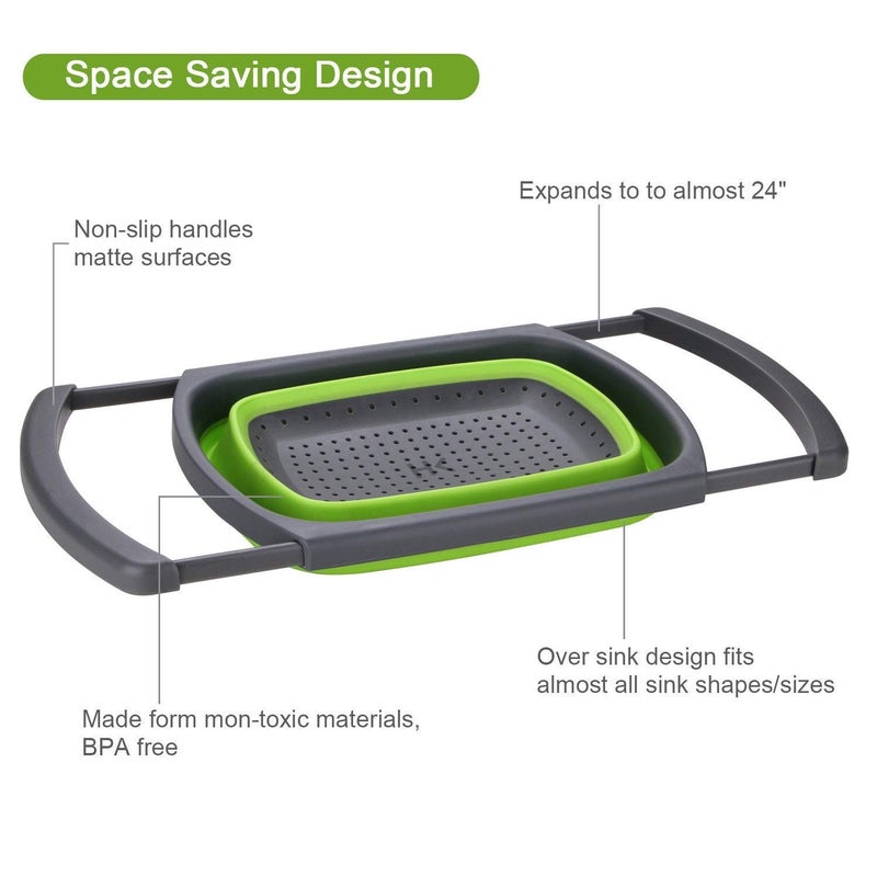 Sakar Foldable Drain Basket Silicone Adjustable Collapsible Colander Vegetable Fruits Washing Strainer, Retractable Handles Folding Basket Strainer Noodles Fruit Vegetable Washing Strainers Basket - Image 4