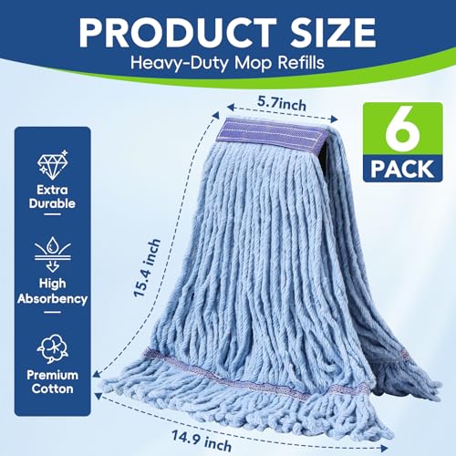 Zeefpod 6 Pack Commercial Mop Head Replacement – Heavy Duty Mop Head for General and Floor Cleaning | Industrial Wet Mops | Washable Refill, Reusable, Looped End Mopheads | Hardwood, Concrete - Image 2