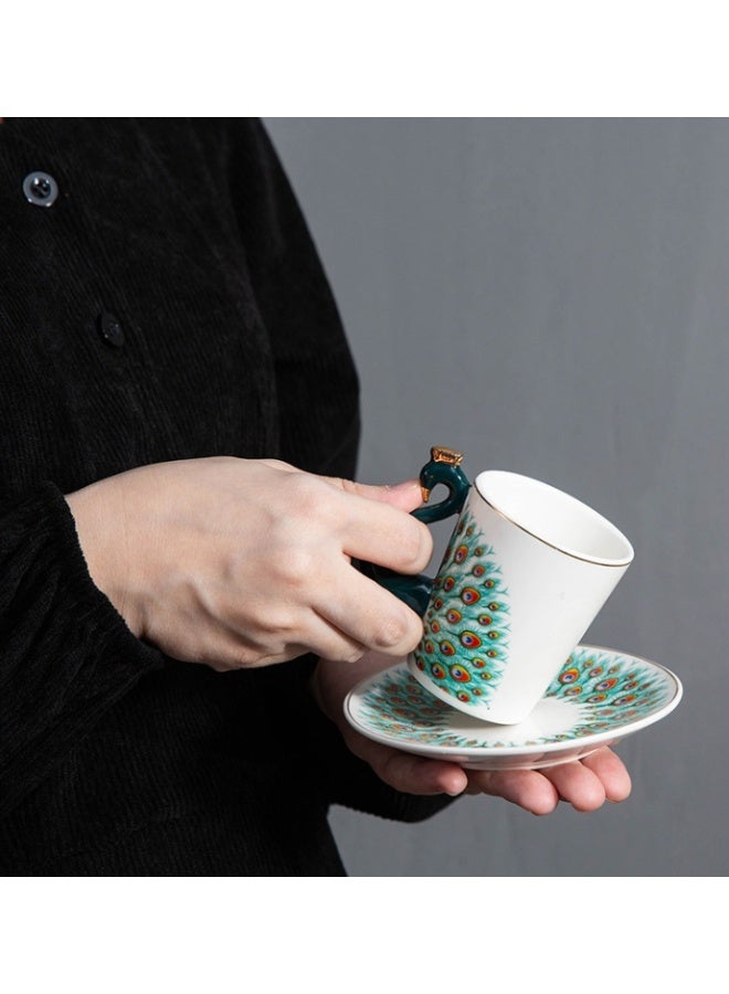 الواحة-TH كوب قهوة إسبرسو على شكل طاووس سعة 100 مل، مناسب للاتيه والكابتشينو والإسبريسو والمشروبات الساخنة بالحليب، أزرق - Image 1