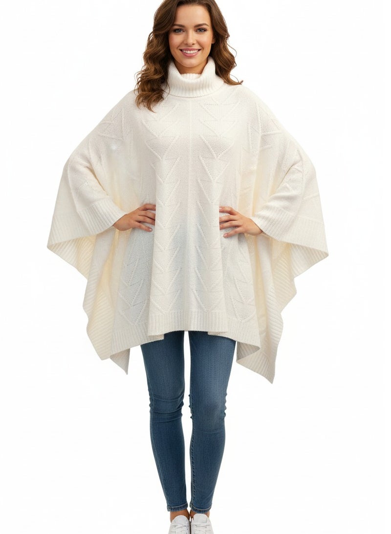 Women tricot knit high neck poncho offwhite - Image 1