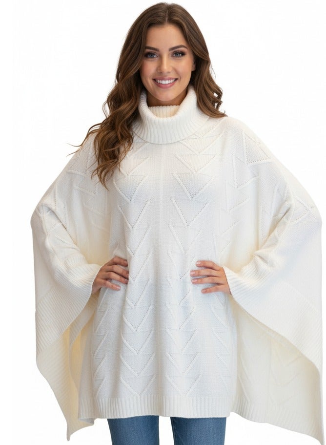 Women tricot knit high neck poncho offwhite - Image 2