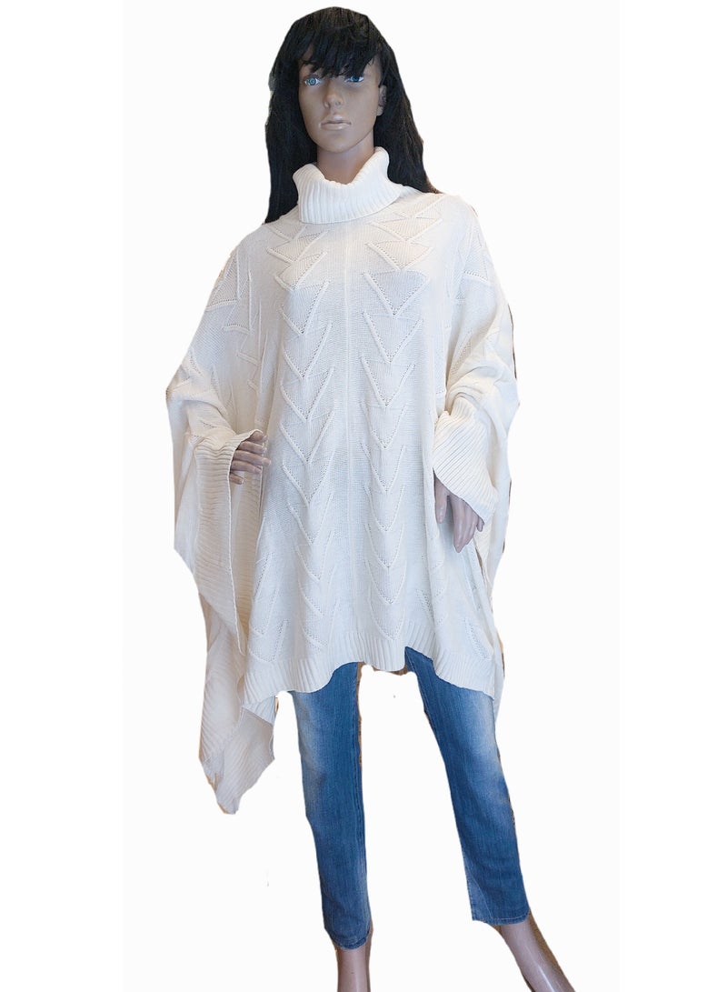 Women tricot knit high neck poncho offwhite  - Image 1