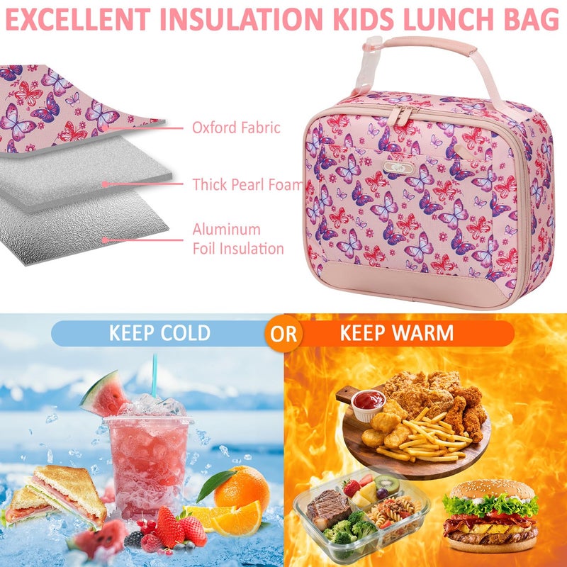 Tenot Lunch Box Kids Insulated Lunch Bag for Boys Girls Cute Reusable Lunch Tote Bag Waterproof Portable Thermal Lunch Box Kids for School Picnic Travel Pink Butterfly - Image 2