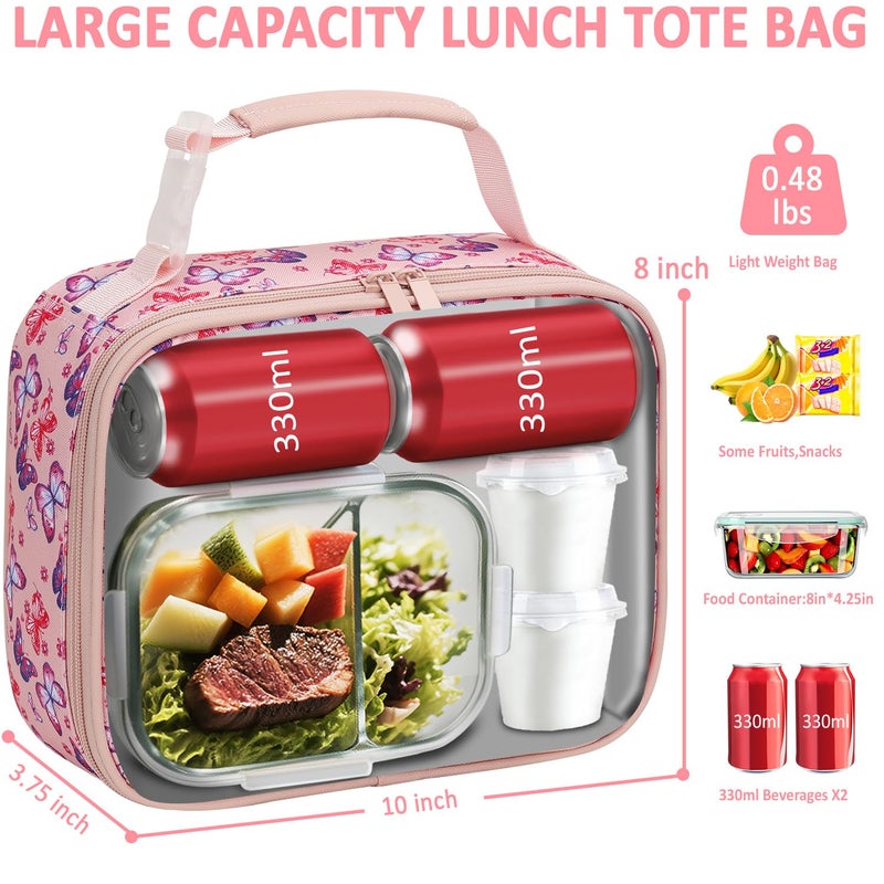 Tenot Lunch Box Kids Insulated Lunch Bag for Boys Girls Cute Reusable Lunch Tote Bag Waterproof Portable Thermal Lunch Box Kids for School Picnic Travel Pink Butterfly - Image 3