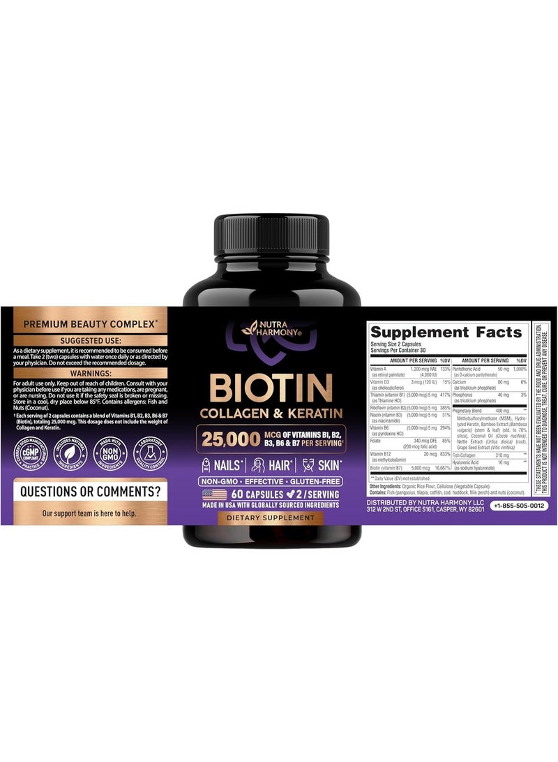 NUTRAHARMONY مكمل غذائي لدعم نمو الشعر، يحتوي على البيوتين والكولاجين والكيراتين وحمض الهيالورونيك، ومركب تجميلي للبشرة والأظافر، 25000 ميكروغرام من فيتامينات B1 وB2 وB3 وB6 وB7. صنع في الولايات المتحدة الأمريكية. مناسب للنساء والرجال. 60 كبسولة. - Image 2