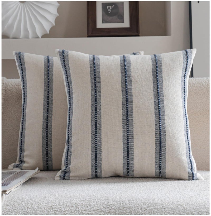 Cethom Boho Throw Pillow Covers 18x18 Set of 2, Navy Blue Striped Decorative Pillow Cases for Couch Chair Bed, Textured Farmhouse Modern Accent Cushion Covers for Living Room Bedroom Sofa Home Decor - Image 1
