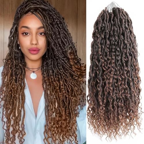 Ahrencan Boho Faux Locs Crochet Hair For Black Women,18 Inch 5 Packs Ombre Brown Goddess Locs Crochet Hair With Curly Ends,Soft Pre Looped/Prelooped Hippie River Locs Crochet Braids(18in,5 Packs,T1B/30#) - Image 1