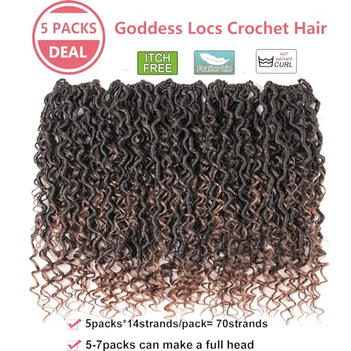 Ahrencan Boho Faux Locs Crochet Hair For Black Women,18 Inch 5 Packs Ombre Brown Goddess Locs Crochet Hair With Curly Ends,Soft Pre Looped/Prelooped Hippie River Locs Crochet Braids(18in,5 Packs,T1B/30#) - Image 3