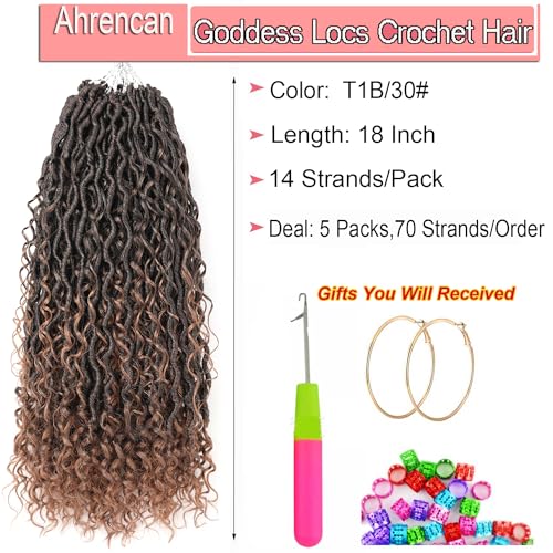 Ahrencan Boho Faux Locs Crochet Hair For Black Women,18 Inch 5 Packs Ombre Brown Goddess Locs Crochet Hair With Curly Ends,Soft Pre Looped/Prelooped Hippie River Locs Crochet Braids(18in,5 Packs,T1B/30#) - Image 2