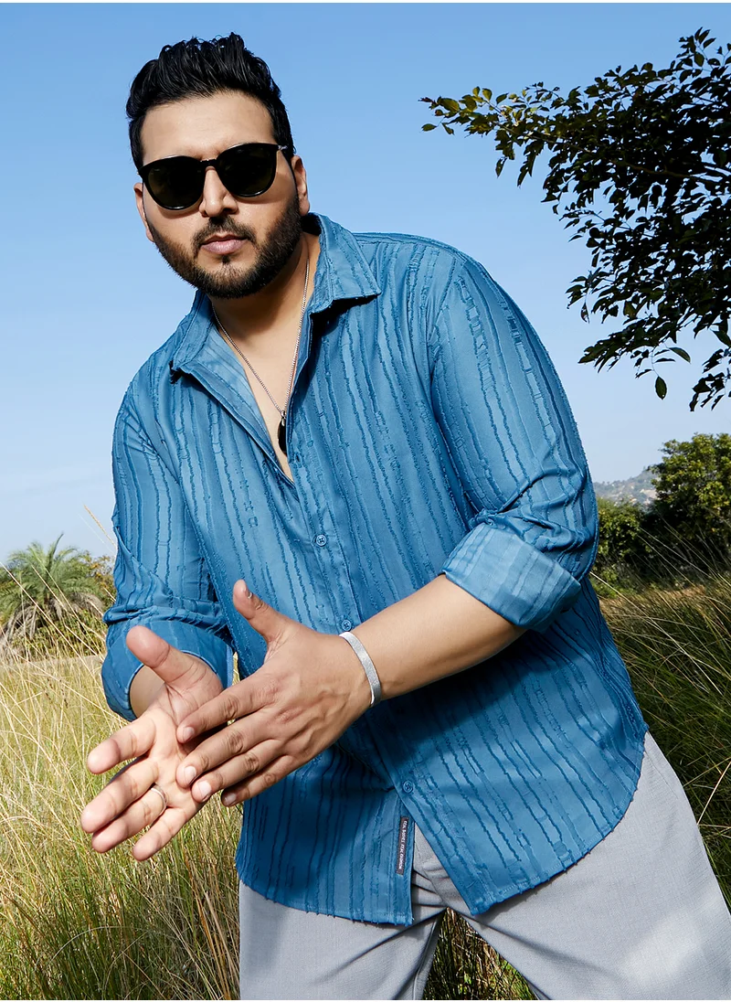 انستافاب بلس Instafab Plus Men's Steel Blue Ripple-Edge Shirt For Casual Wear | Spread Collar | Long Cuffed Sleeves | Button Closure | Plus Size Shirt Crafted With Comfort Fit For Everyday Wear