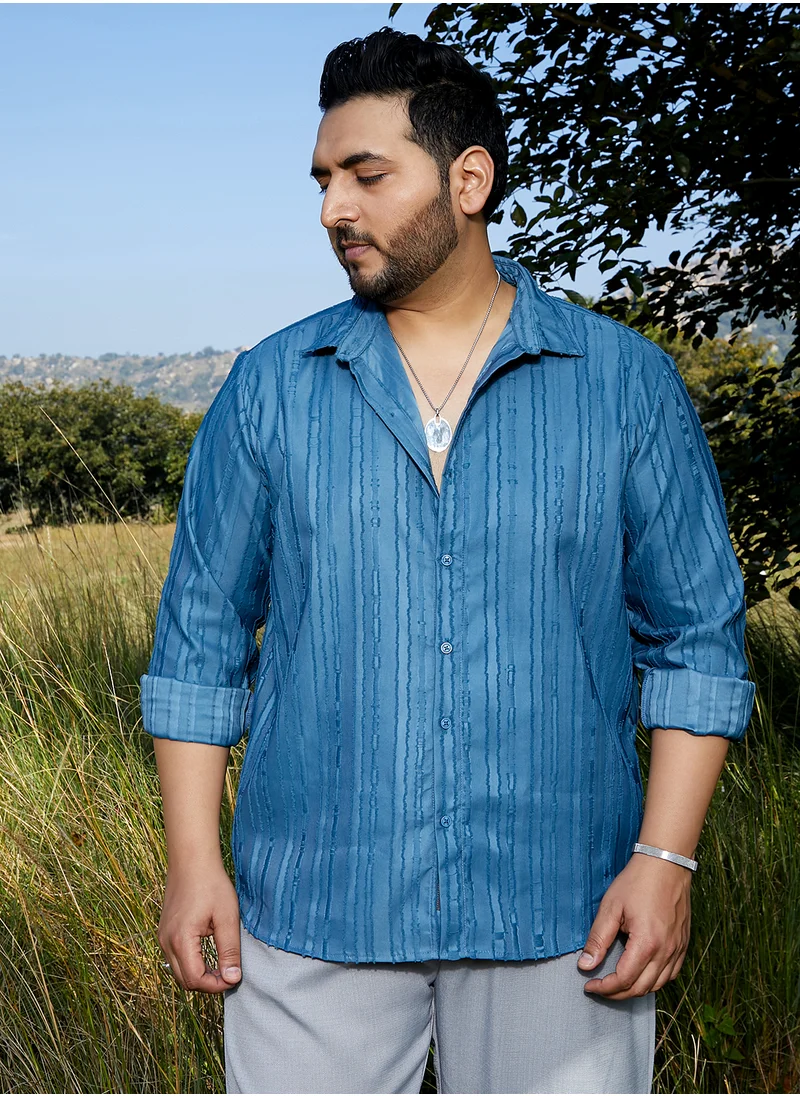 انستافاب بلس Instafab Plus Men's Steel Blue Ripple-Edge Shirt For Casual Wear | Spread Collar | Long Cuffed Sleeves | Button Closure | Plus Size Shirt Crafted With Comfort Fit For Everyday Wear