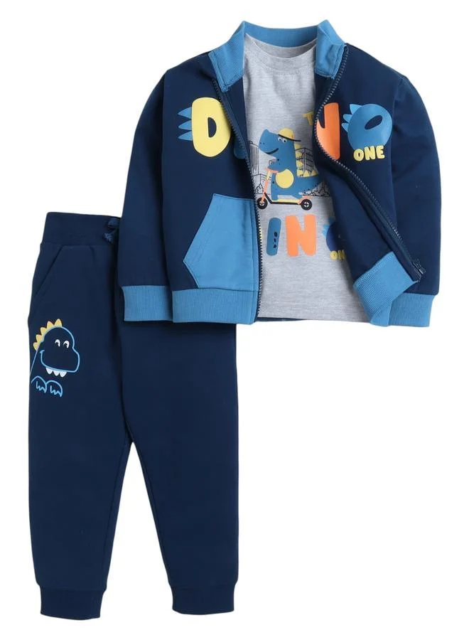 فكتور اند جين طقم 3 قطع من تيشيرت بطبعة ديناصور وجاكيت مع جوغر