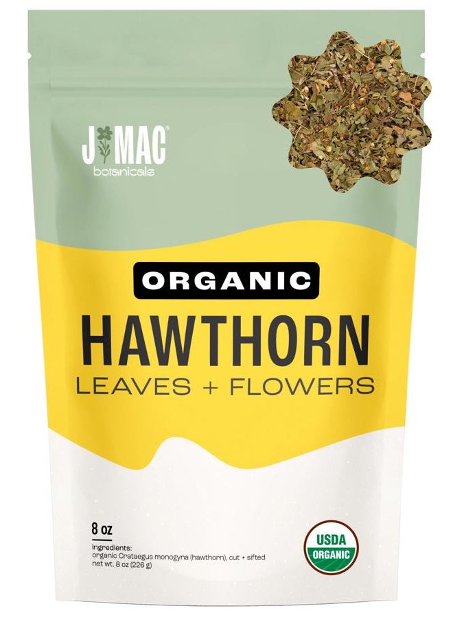 J MAC botanicals Organic Hawthorn Leaf and Flower (8 Oz) Dried Organic Hawthorne leaves, USDA Organic Certified, Hawthorn Tea, Fresh Dried Hawthorne leaf for herbal tea - Image 1