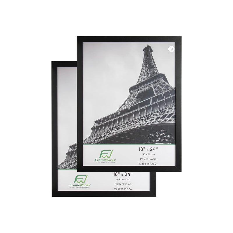 FrameWorks 18x24 Wooden Poster Frame Classic Black Matte Edged Frames wShatterproof Acrylic Glass Photos Posters Prints Wall Decor  Home Office Gallery Display  Black  2 Pack