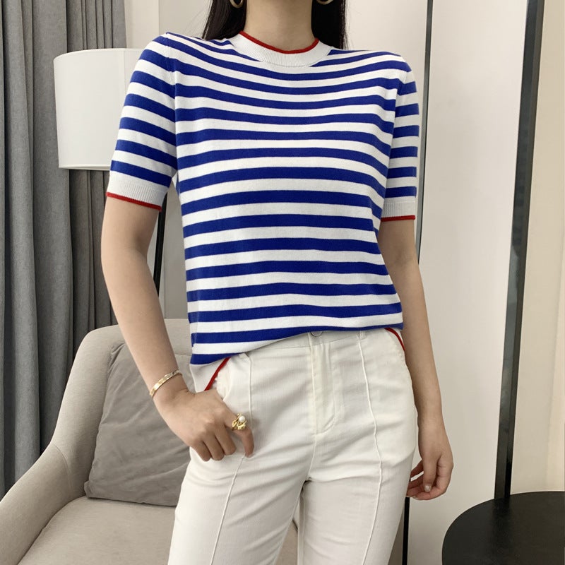 Inner Short-sleeved T-shirt Women's Spring and Summer 2022 New Arrival Striped Knitted Shirt Round Neck Korean Style Loose Stylish Base Shirt Trendy - Image 2