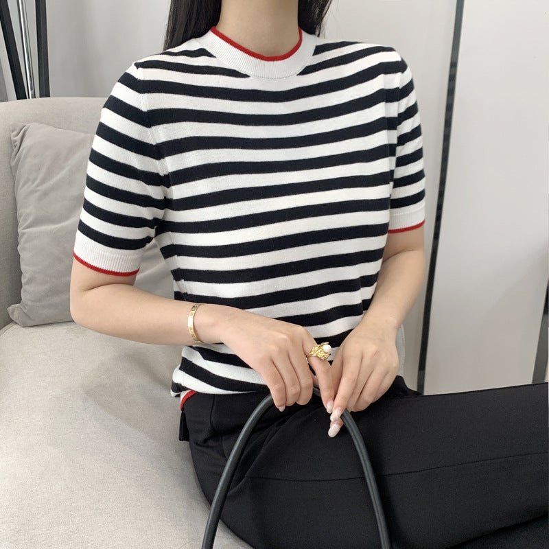 Inner Short-sleeved T-shirt Women's Spring and Summer 2022 New Arrival Striped Knitted Shirt Round Neck Korean Style Loose Stylish Base Shirt Trendy - Image 3