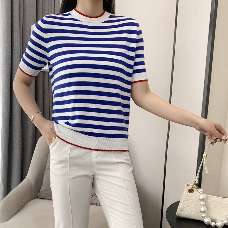 Inner Short-sleeved T-shirt Women's Spring and Summer 2022 New Arrival Striped Knitted Shirt Round Neck Korean Style Loose Stylish Base Shirt Trendy - Image 1
