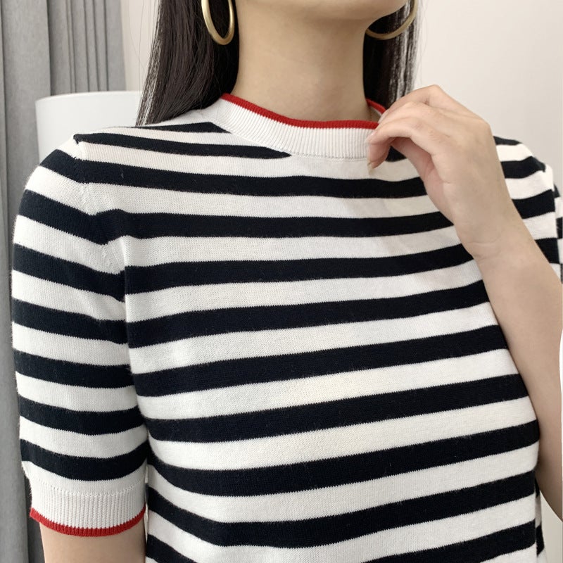 Inner Short-sleeved T-shirt Women's Spring and Summer 2022 New Arrival Striped Knitted Shirt Round Neck Korean Style Loose Stylish Base Shirt Trendy - Image 4
