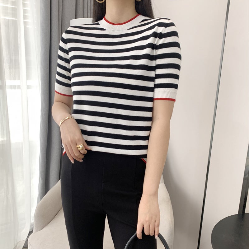 Inner Short-sleeved T-shirt Women's Spring and Summer 2022 New Arrival Striped Knitted Shirt Round Neck Korean Style Loose Stylish Base Shirt Trendy - Image 5