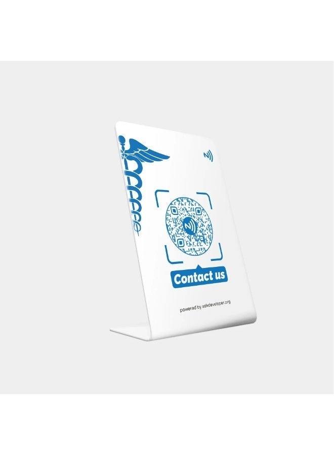 ستاند طبي ذكي مع رمز QR و NFC، أبيض وأزرق، بلاستيك PVC، 8.5×5.5 سم، حامل معلومات العيادة للأطباء والمراكز الطبية، مع خاصية التواصل الفوري - Image 3
