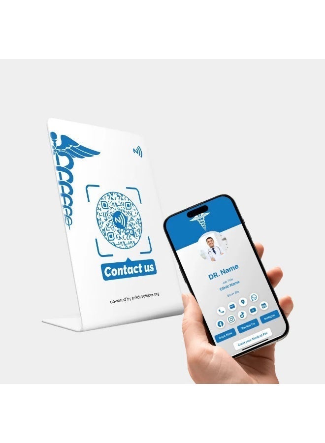 ستاند طبي ذكي مع رمز QR و NFC، أبيض وأزرق، بلاستيك PVC، 8.5×5.5 سم، حامل معلومات العيادة للأطباء والمراكز الطبية، مع خاصية التواصل الفوري - Image 1