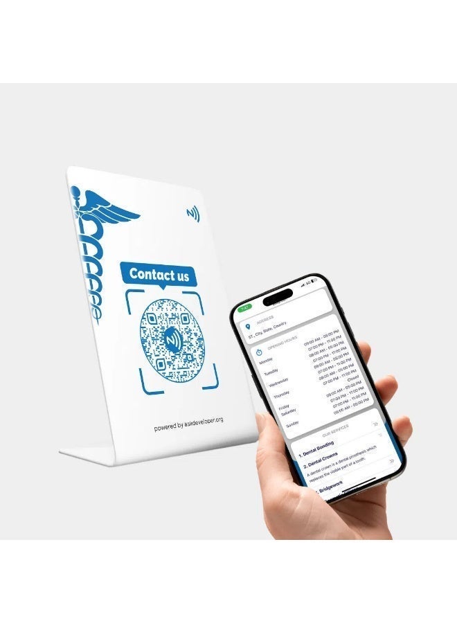 ستاند طبي ذكي مع رمز QR و NFC، أبيض وأزرق، بلاستيك PVC، 8.5×5.5 سم، حامل معلومات العيادة للأطباء والمراكز الطبية، مع خاصية التواصل الفوري - Image 2