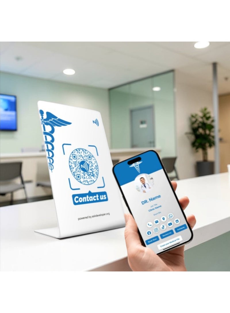 Smart Medical Stand with QR and NFC Code, White and Blue, PVC, 8.5 x 5.5 cm, Clinic Information Holder for Doctors and Medical Centers, Instant Communication - Image 1