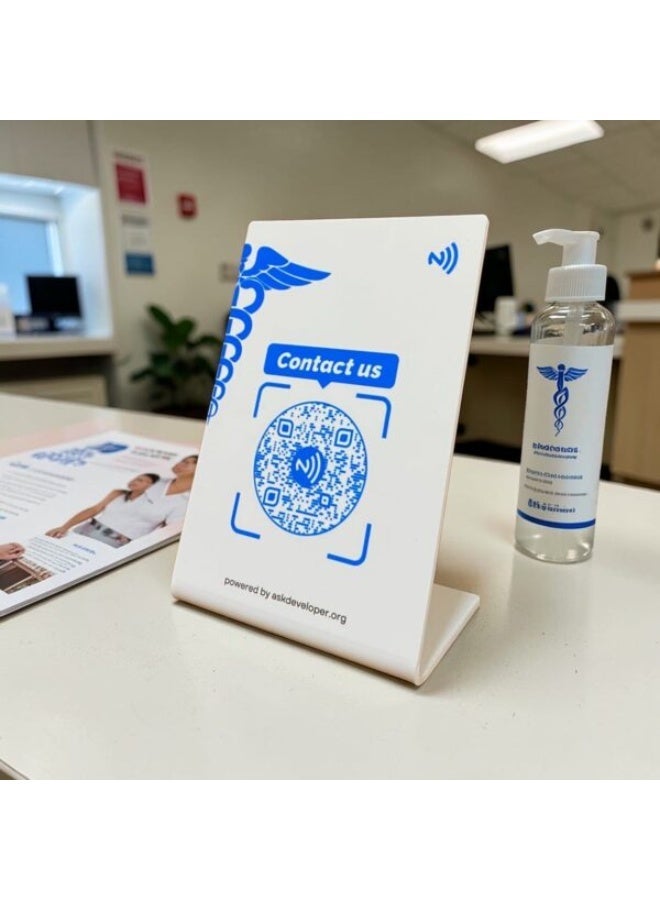 Smart Medical Stand with QR and NFC Code, White and Blue, PVC, 8.5 x 5.5 cm, Clinic Information Holder for Doctors and Medical Centers, Instant Communication - Image 2