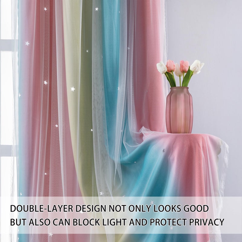 XiDi Dream Star Blackout Curtains for Kids Rooms Girl Princess Curtain for Daughter Bedroom Window (Pink Blue, W34 X L63) - Image 2