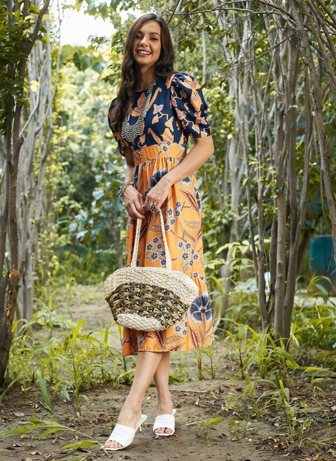 Athena فستان ميدي مزخرف بالأصفر الخردلي والأزرق للنساء - Image 5