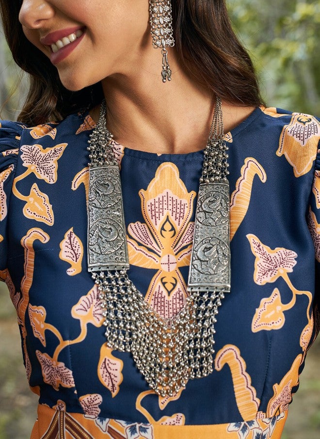 Athena فستان ميدي مزخرف بالأصفر الخردلي والأزرق للنساء - Image 2