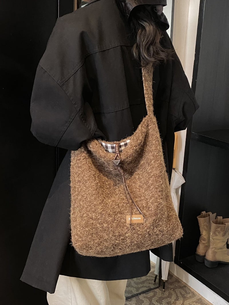 Winter Woolen Large-Capacity Bag For Women Trendy Korean Style Tote Bag Preppy Style Shoulder Bucket Bag - Image 2