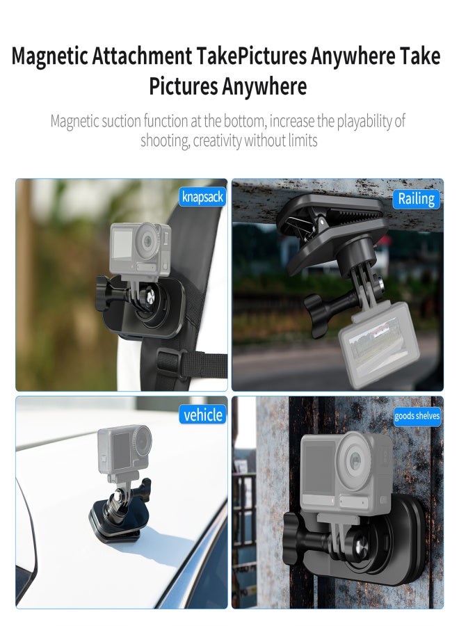 ستارت آر سي حامل كاميرا مغناطيسي للحقيبة الظهر، مزود بمشبك تثبيت سريع الفك، قابل للدوران 360 درجة، مع محول لكاميرات الرياضة ومحول 1/4 بوصة، متوافق مع كاميرات GoPro Max/12/11/10/9/8 وDJI Action 2/3/4 - Image 2