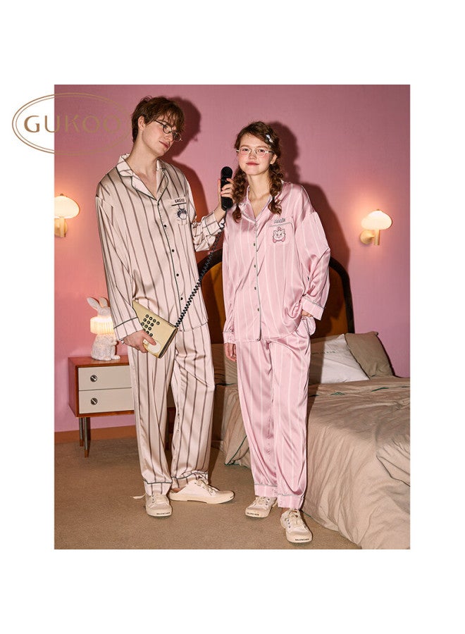 Gukoo Couple Pajamas Spring New Disney Striped Ice Silk Men's Home Wear Set Women's Thin Pink M - Image 2