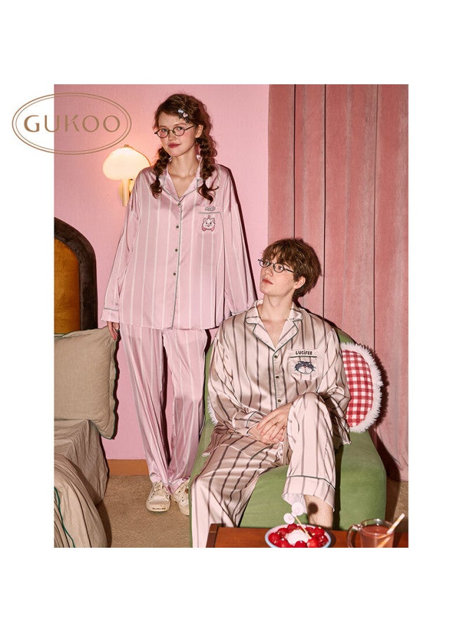 Gukoo Couple Pajamas Spring New Disney Striped Ice Silk Men's Home Wear Set Women's Thin Pink M - Image 4