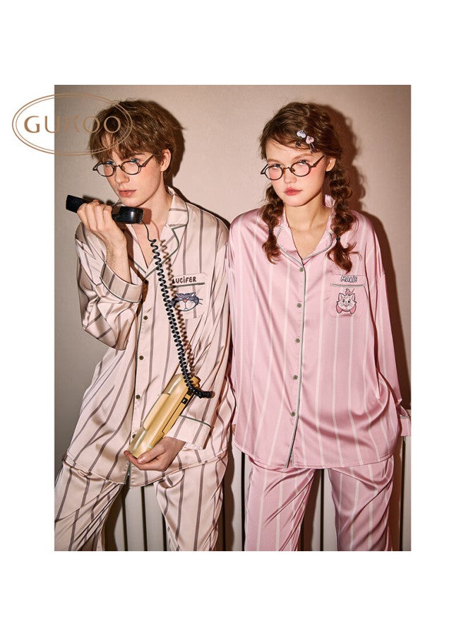 Gukoo Couple Pajamas Spring New Disney Striped Ice Silk Men's Home Wear Set Women's Thin Pink M - Image 3