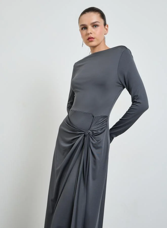 تايك تو Grey Solid Gathered Details Maxi Dress