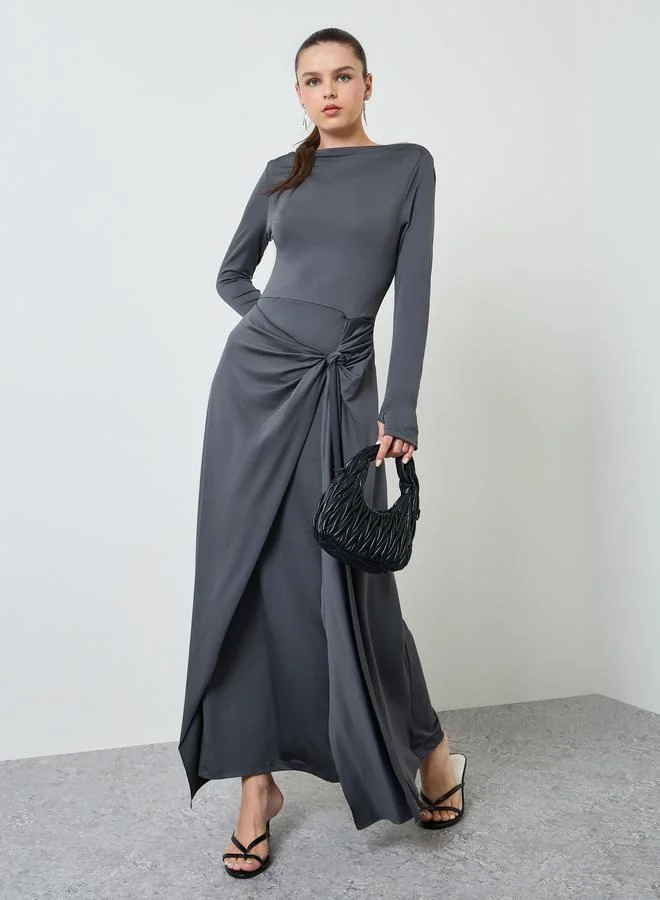 تايك تو Grey Solid Gathered Details Maxi Dress