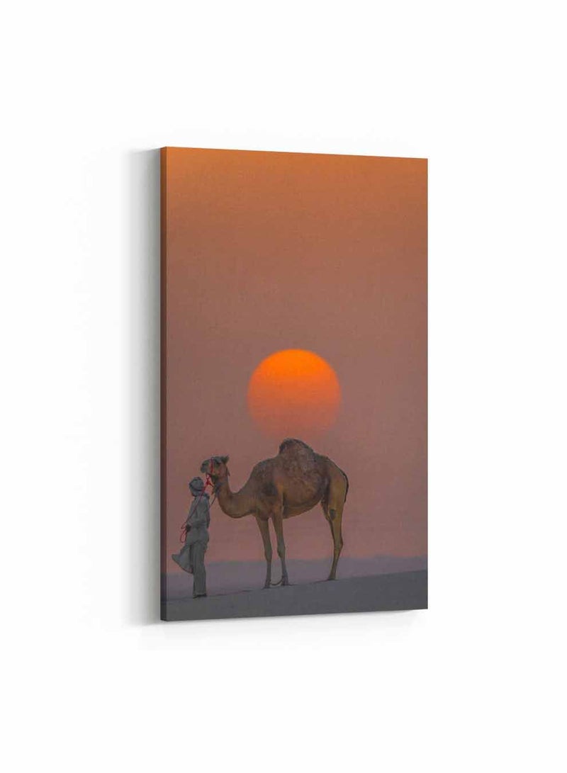 LOWHA Framed Canvas Wall Art Stretched Over Wooden Frame, Camel With Sunset Painting, For Home, Living Room, Office Decor - Image 1