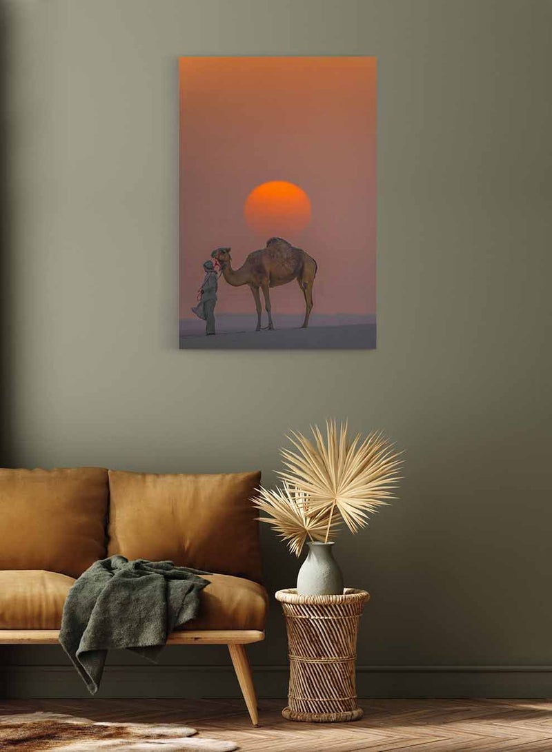 LOWHA Framed Canvas Wall Art Stretched Over Wooden Frame, Camel With Sunset Painting, For Home, Living Room, Office Decor - Image 3