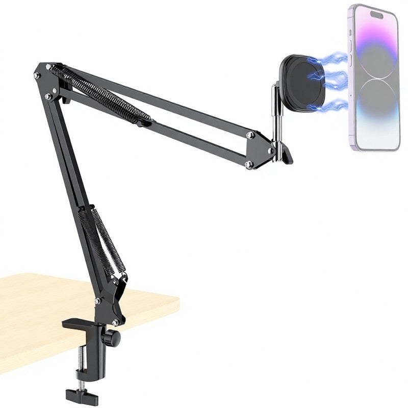 Magnetic Phone Mount Black Aluminum Alloy: 15N Strong Magnetic Force - Flexible 2-Section Boom Arm Magnetic Phone Stand for Desk Live Streaming, Video Recording, Home Office - Image 1