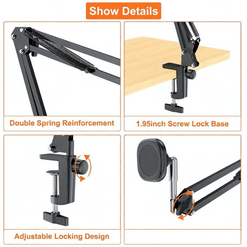 Magnetic Phone Mount Black Aluminum Alloy: 15N Strong Magnetic Force - Flexible 2-Section Boom Arm Magnetic Phone Stand for Desk Live Streaming, Video Recording, Home Office - Image 4